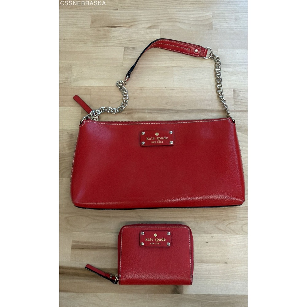 Kate Spade Red Wellesley Byrd Shoulder Bag Compact Wallet Set Pebbled Leather